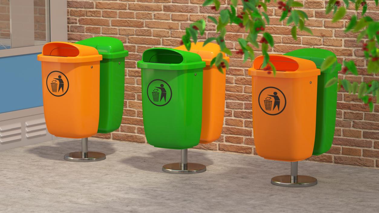 Green and Orange Plastic Public Trash Cans 3D