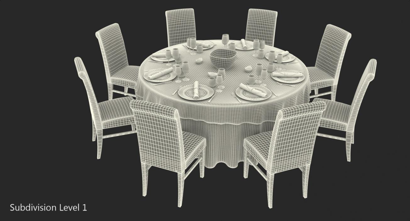 Round Dining Served Table with Chairs 3D