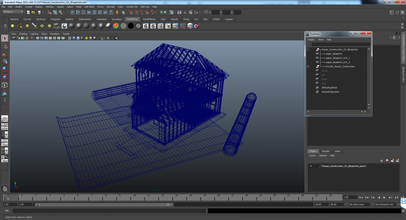 House Construction On Blueprints 3D