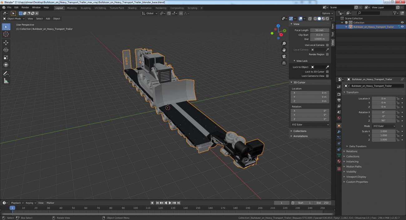 3D Bulldozer on Heavy Transport Trailer