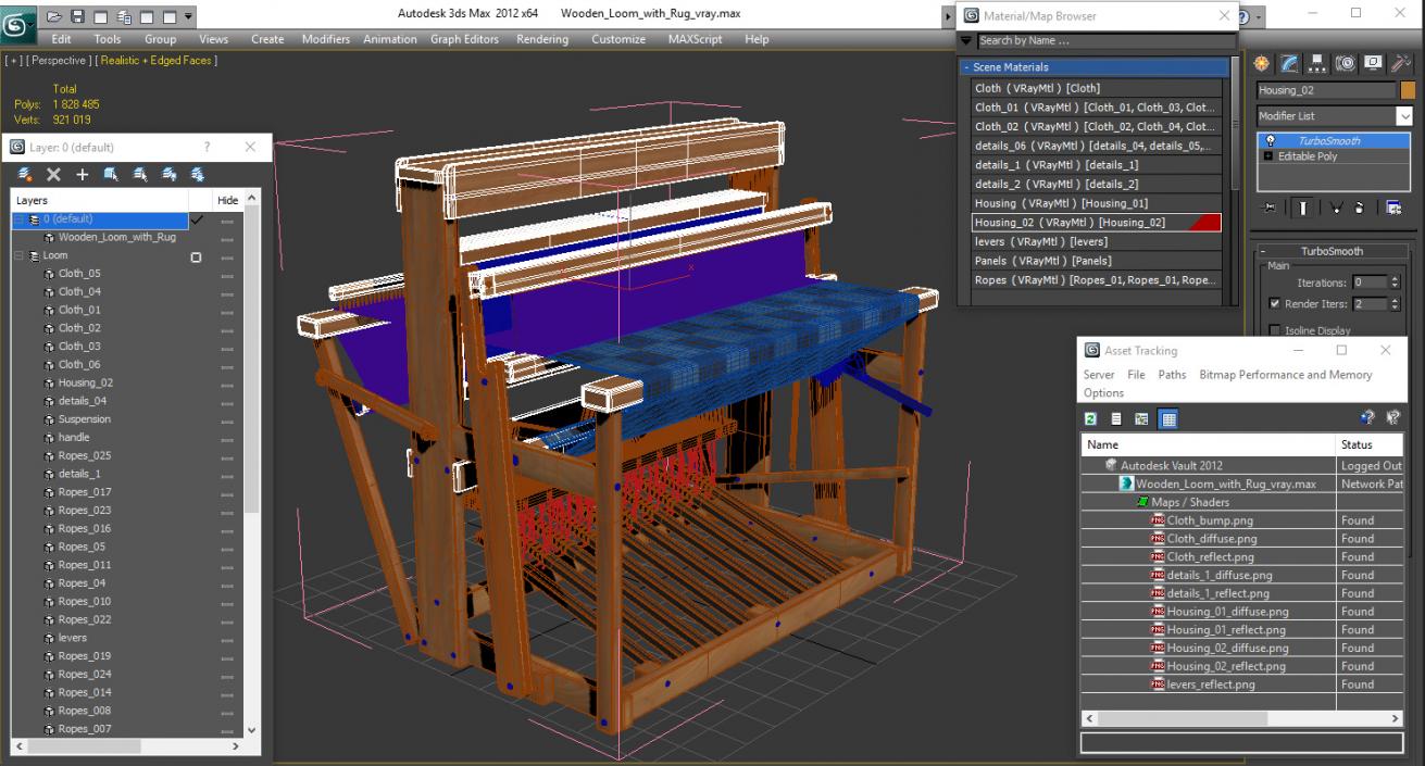 3D model Wooden Loom with Rug