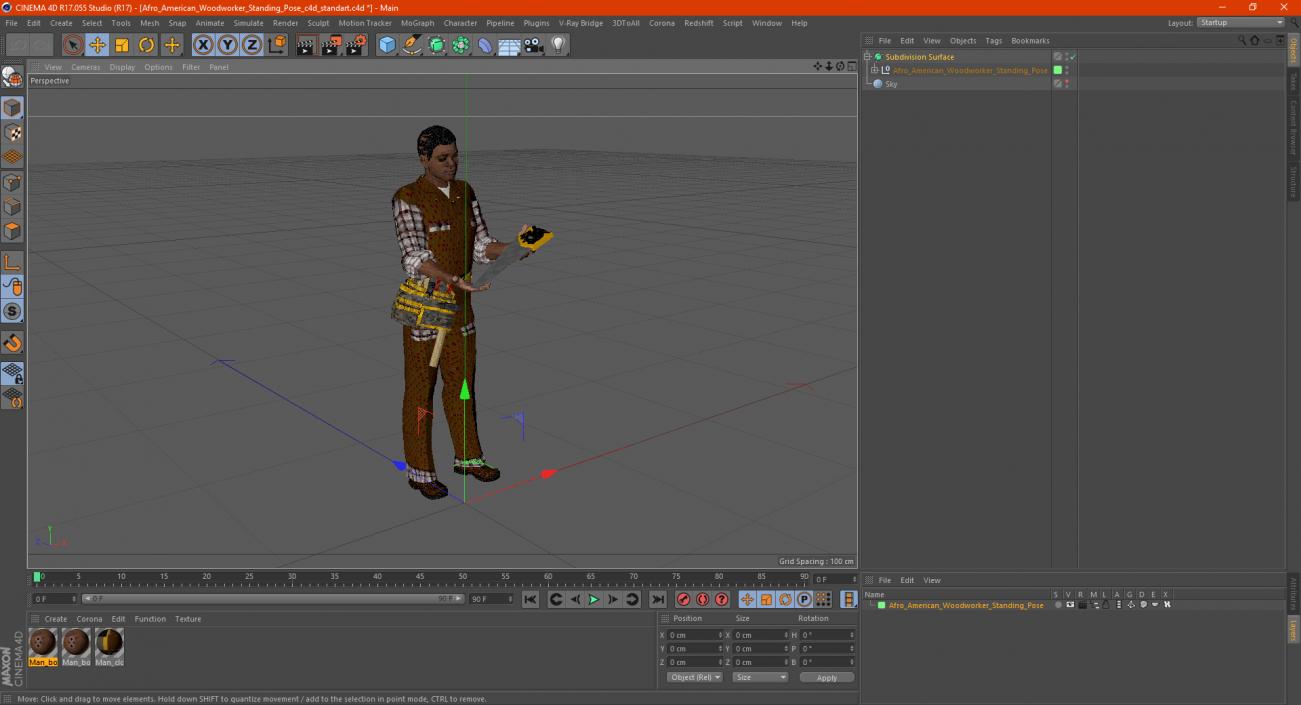 3D Afro American Woodworker Standing Pose model