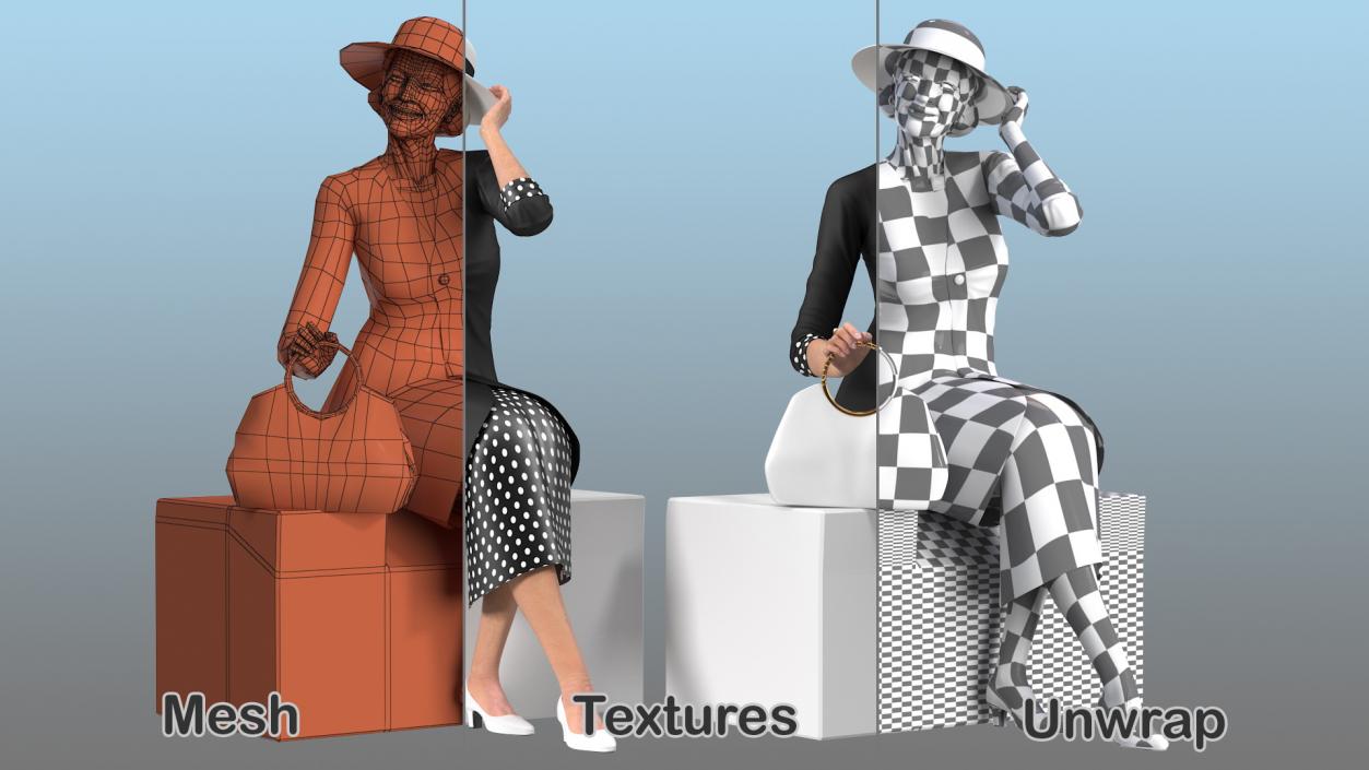 3D model Old Lady wearing Casual Party Dress