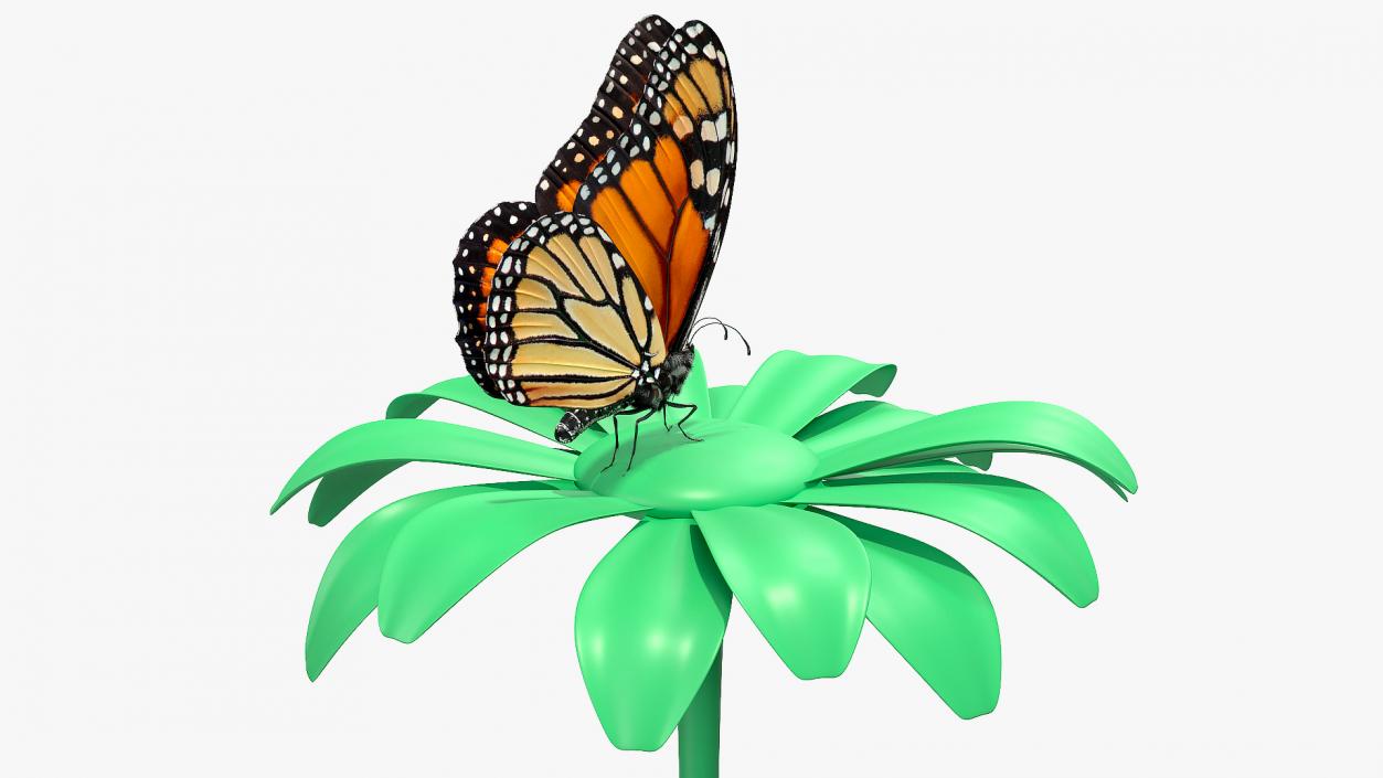Animated Monarch Butterfly Sits on Flower with Fur Rigged 3D