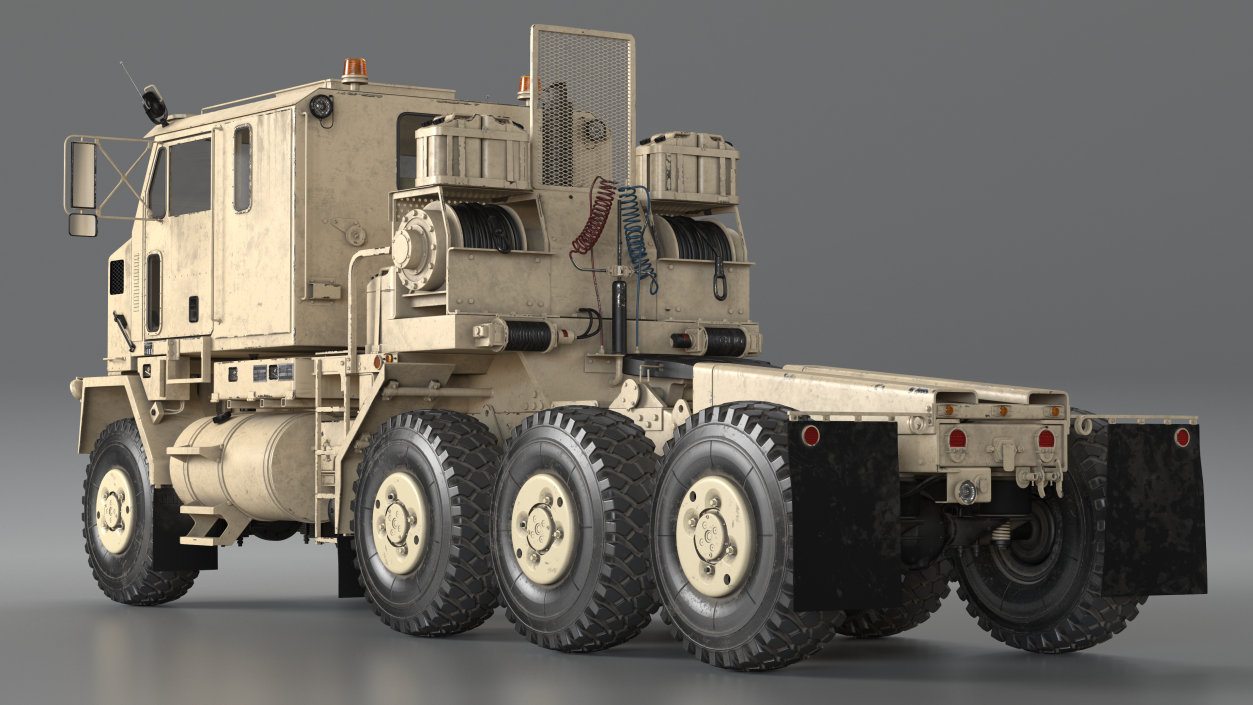 3D model Oshkosh M1070 Truck Tractor with M1000 HET Semi-Trailer Desert Dirty Rigged