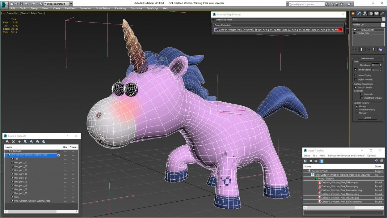 3D Pink Cartoon Unicorn Walking Pose model