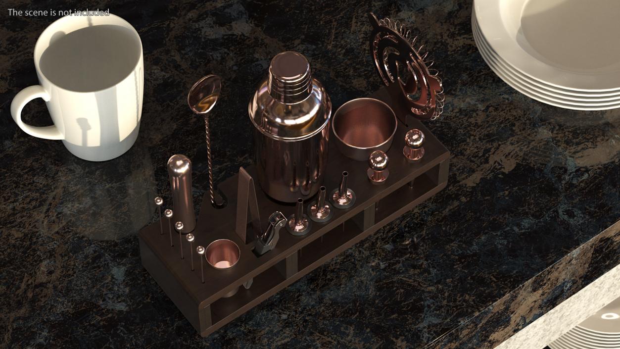 Copper Bar Kit with Wooden Stand 21 Pieces 3D