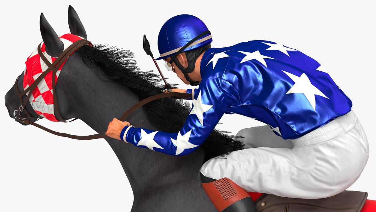 Black Racing Horse with Jockey Running Fur 3D