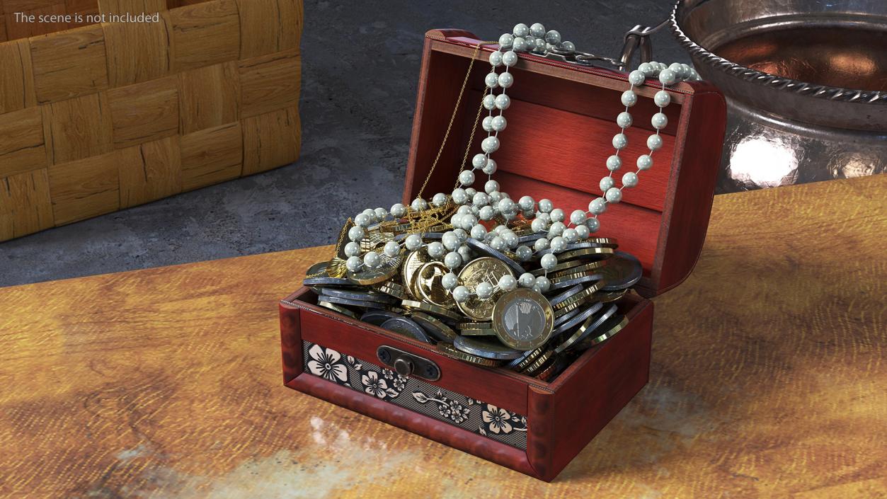 3D Treasure Box Full of Euro Coins and Jewelry model