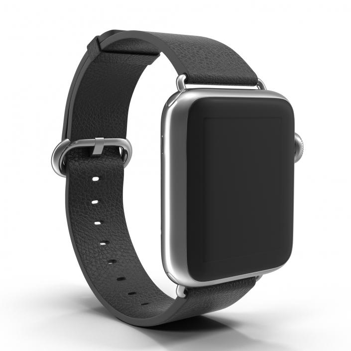 3D Apple Watch 38mm Classic Buckle Black Leather Stainless Steel
