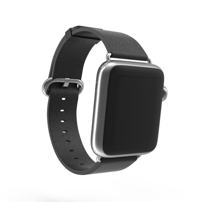 3D Apple Watch 38mm Classic Buckle Black Leather Stainless Steel
