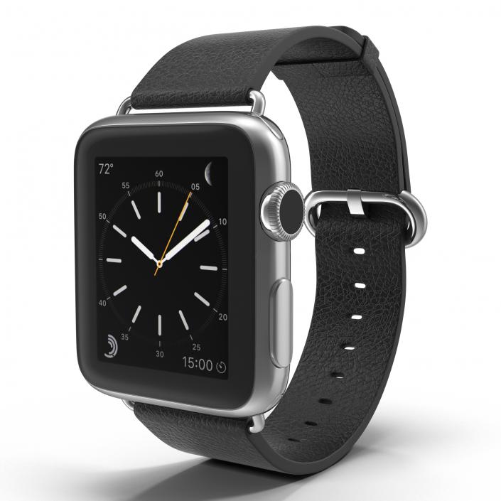 3D Apple Watch 38mm Classic Buckle Black Leather Stainless Steel 2 model