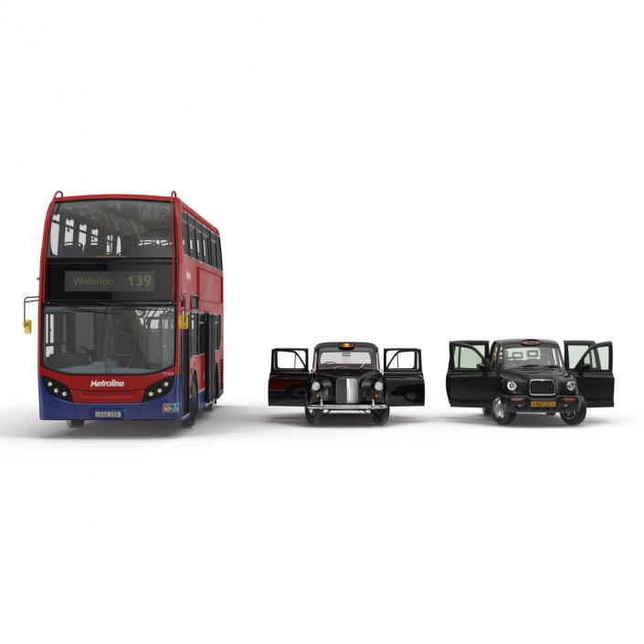 3D London Bus and Taxi Rigged Vehicle Set model